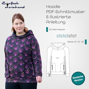 PDF sewing pattern ladies hoodie size 32-62 with hood and zip pockets, German sewing instructions, start right away