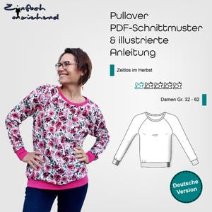 PDF sewing pattern ladies sweater size 32-62 with raglan batwing sleeves, German sewing instructions, start right away