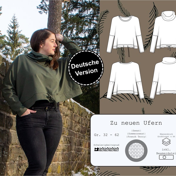 PDF sewing pattern ladies oversize sweater size 32-62 in poncho style with collar or neckline, German sewing instructions, start right away