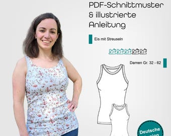PDF sewing pattern ladies top size 32-62 with many strap/neck variations and 2 lengths/widths, German sewing instructions, start right away