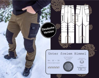 PDF Schnittmuster Herren Outdoorhose untersetzte Größen 22-32 mit vielen Taschen, Laschen & Details, verschiedene Knieoptionen