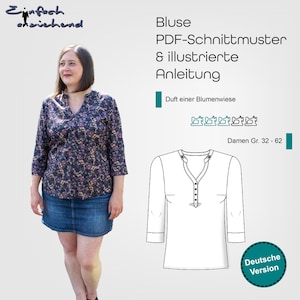 Könnte beinhalten: Ein digitales Schnittmuster für eine Bluse mit V-Ausschnitt und Knopfdetail. Das Schnittmuster beinhaltet Anleitungen und ist in den Größen 32-62 erhältlich. Der Text auf dem Bild lautet "Bluse PDF-Schnittmuster & illustrierte Anleitung Duft einer Blumenwiese Damen Gr. 32-62 Deutsche Version".