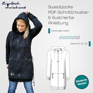 PDF sewing pattern ladies sweat jacket sizes 32-62 long, with zipper or as cardigan, hood, 2 pockets, German sewing instructions