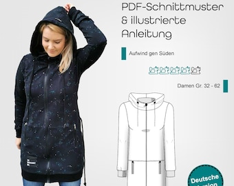 PDF sewing pattern ladies sweat jacket sizes 32-62 long, with zipper or as cardigan, hood, 2 pockets, German sewing instructions
