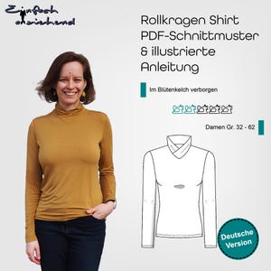 Könnte beinhalten: Ein digitales Download-Muster für ein Rollkragen-Shirt. Das Muster enthält Anleitungen und eine Vorlage für die Größen 32-62. Das Bild zeigt eine Frau, die ein senfgelbes Rollkragen-Shirt trägt, und eine Strichzeichnung des Shirts.