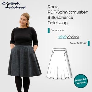 Könnte beinhalten: Ein digitales Schnittmuster für einen Rock, mit einer Strichzeichnung des Rocks und einem Foto einer Frau, die einen ähnlichen Rock trägt. Das Schnittmuster ist für die Größen 32-62 und ist in deutscher Sprache. Der Text auf dem Bild lautet "Rock PDF-Schnittmuster & illustrierte Anleitung Das rockt echt Damen Gr. 32-62 Deutsche Version".
