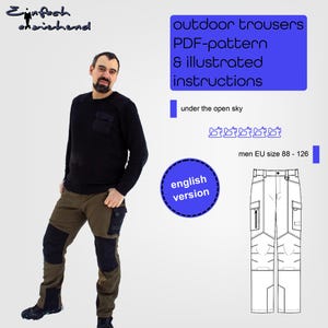 May include: A person wearing olive green and black outdoor trousers, with a black long-sleeve top. The image includes a blue rectangle with the text "outdoor trousers PDF-pattern & illustrated instructions" and a drawing of the trousers. The text "english version" is also present.