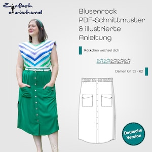 May include: A woman in a green button-down skirt and a sleeveless top with a chevron design. The image features text in German: "Blusenrock PDF-Schnittmuster & illustrierte Anleitung" and "Damen Gr. 32-62".