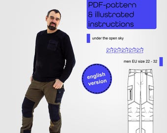 PDF sewing pattern men's outdoor trousers fitted sizes EU 22-32 with many pockets, tabs & details, different knee options, english