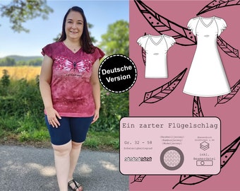 PDF Schnittmuster Damen Sommerkleid oder Jerseyshirt in den Größen 32-58 auf deutsch mit Falten-Flügelärmeln