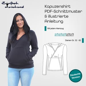 Könnte beinhalten: Eine Frau trägt einen dunkelgrauen Kapuzenpullover mit tiefem V-Ausschnitt und Kängurutasche. Das Bild enthält eine Strichzeichnung des Hoodies und den Text "Kapuzenshirt PDF-Schnittmuster & illustrierte Anleitung" und "Deutsche Version."