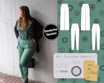 Papier Schnittmuster Damen Bundfaltenhose Größe 32-62 mit optionalen Taschen, zwei Beinweiten, deutsche Anleitung, bequem per Post