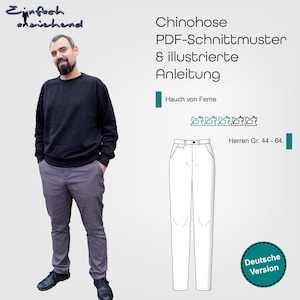 Peut inclure: Un patron de couture numérique pour un pantalon chino. Le patron comprend un dessin au trait du pantalon et du texte qui dit "Chinohose PDF-Schnittmuster & illustrierte Anleitung Hauch von Ferne Herren Gr. 44-64 Deutsche Version".