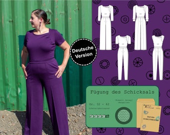 Papier Schnittmuster Damen Jumpsuit Größe 32-62 verschiedene Ärmellängen oder ärmellos, Faltenoberteil, deutsche Anleitung, per Post