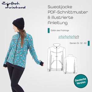 PDF sewing pattern ladies sweat jacket size 32 - 62 with zipper, divisions and stand-up collar, German sewing instructions, start right away