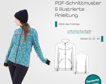 PDF sewing pattern ladies sweat jacket size 32 - 62 with zipper, divisions and stand-up collar, German sewing instructions, start right away