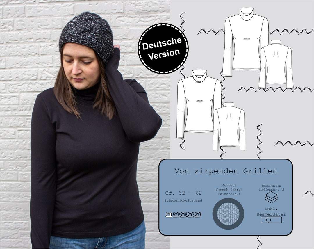 Patron Top Col Roule Patron de couture PDF pour un pull à col roulé pour femme taille 32 à ...
