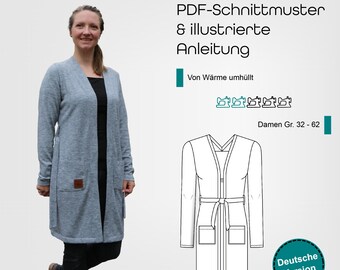 Sewing pattern for a women's cardigan with optional pockets and belt, sizes 32-62, German sewing instructions, get started right away