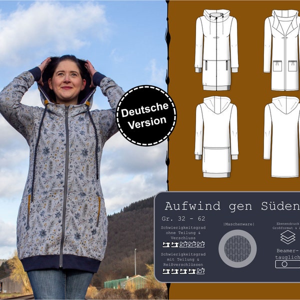 PDF Schnittmuster Damen Sweat Jacke Größen 32-62 lang, mit Reißverschluss oder als Cardigan, Kapuze, 2 Taschen, deutsche Nähanleitung