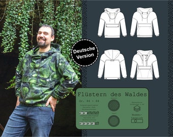 PDF pattern for a practical men's windbreaker with a large pocket and hood in sizes 44-64 in German