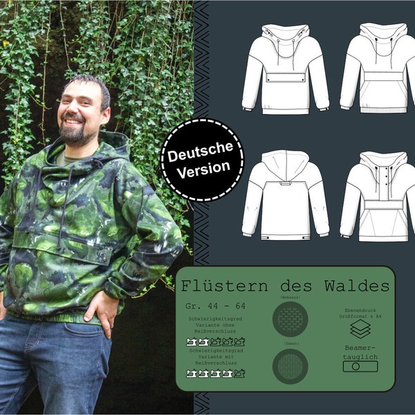 PDF pattern for a practical men's windbreaker with a large pocket and hood in sizes 44-64 in German