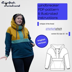PDF pattern windbreaker women in sizes EU 32-62 in english with large pocket and hood