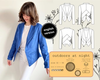 PDF pattern women's blazer in sizes 32-56 with spade collar and high back neckline with optional volant, english sewing instructions