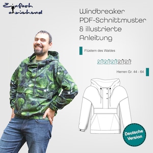 Könnte beinhalten: Ein digitales Download-Muster für eine Windbreaker-Jacke. Das Muster enthält Anweisungen und eine Strichzeichnung der Jacke. Der Text auf dem Bild lautet "Windbreaker PDF-Schnittmuster & illustrierte Anleitung" und "Flüstern des Waldes Herren Gr. 44-64 Deutsche Version".