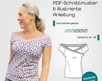 PDF sewing pattern women&#39;s shirt size 34-46 made of jersey with asymmetric neckline, German instructions, start right away