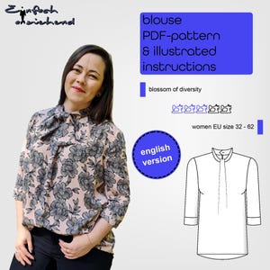 PDF pattern women&#39;s blouse size 32 - 62 with detachable bow and different sleeve lengths, sleeveless, english sewing instructions