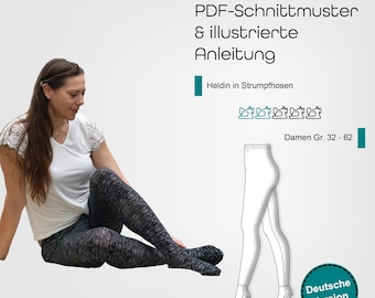 PDF sewing pattern for women&#39;s tights or leggings size 32 - 62 with 2 waistband heights and elastic waistband, German sewing instructions, start right away