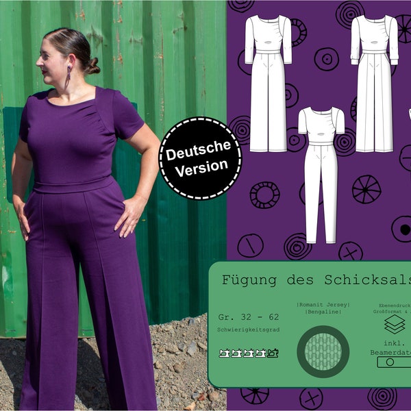 PDF sewing pattern women's jumpsuit size 32-62 different sleeve lengths or sleeveless, pleated top, German instructions, start straight away