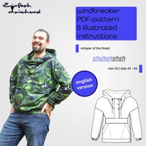 PDF pattern windbreaker men in sizes EU 44-64 in english with large pocket and hood