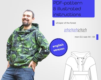 PDF sewing pattern windbreaker men in sizes EU 44-64 in english with large pocket and hood