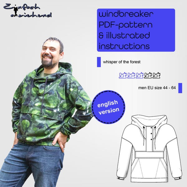 PDF sewing pattern windbreaker men in sizes EU 44-64 in english with large pocket and hood