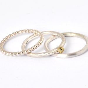 Ring set stacking rings silver with gold bead ring