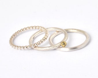 Ringset Stapelringe silber mit Goldkügelchenring