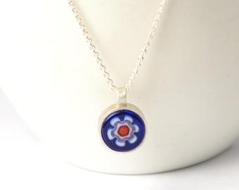 Pendant with millefiori glass stone, dark blue flower, large 13 mm, with/without chain, from