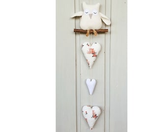 A little owl on the branch with hearts Mobile door hanger fabric hearts