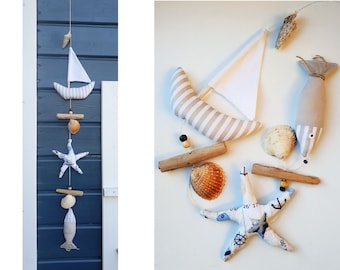 maritime mobile garland summer decoration, sailing boat, starfish, shells, driftwood, fabric fish maritime decoration, sailing ship