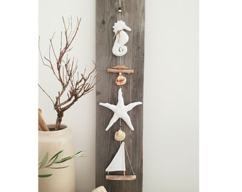 maritime mobile garland summer decoration, sailing boat, starfish, shells, driftwood, fish, seahorse, maritime decoration, sailing ship