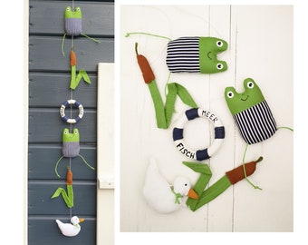 Mobile - frog - family - swimming trunks - duck - reed - fabric heart - maritime decoration nursery garland