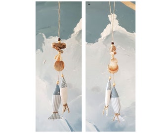 Maritime decoration, summer decoration, bathroom decoration, fish, shell, driftwood, wood drift, garland, mobile, wooden bead