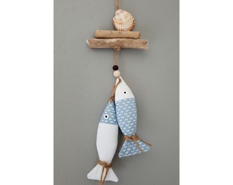 Maritime decoration, summer decoration, bathroom decoration, fish, shell, driftwood, wood drift, garland, mobile, wooden pearl