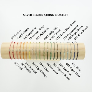 May include: A display of 20 colorful string bracelets with silver beads. The bracelets are arranged in two rows on a wooden surface. Each bracelet has a number and color name printed below it.