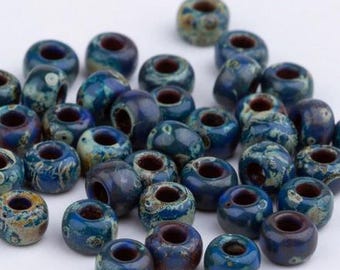 10g Miyuki Rocailles Seed Beads 6/0: Opaque Picasso Cobalt. Color 4518. DIY Jewelry