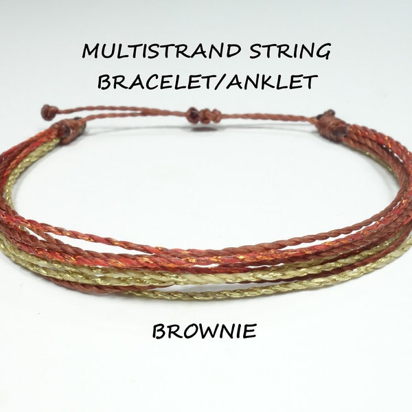 Handmade surf waxed thread waterproof anklet or bracelet for women or men. Brown and gold string bracelet gift for him and her.