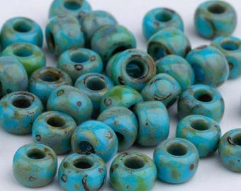 10g Miyuki Rocailles Seed Beads 6/0: Opaque Picasso Turquoise Blue. Color 4514. Glass Beads