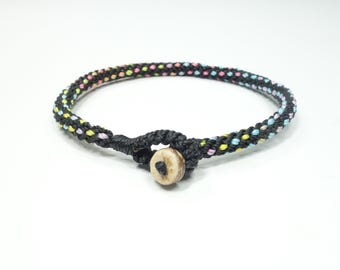 Kumihimo Braided Bracelet: Black Woven Cord with Coconut Bead