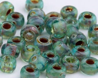 10g Miyuki Rocailles Seed Beads 6/0: Transparant Picasso Sea Foam. Color 4506. DIY Jewelry